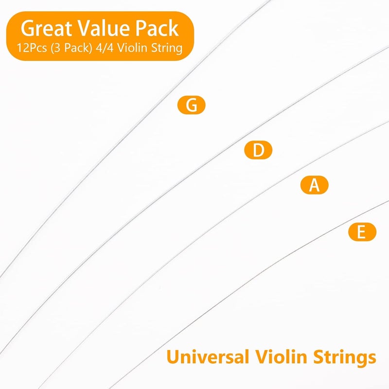 NICECRAFT 12 Pcs 3 Pack Violin Strings 4/4 Full Set, Universal Classic Steel Core with Nickel-plated Ball End for Violin Instruments (G-D-A-E) - Image 2
